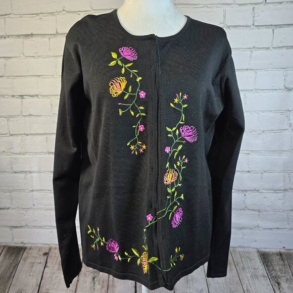 WOMENS OBEE BLACK CARDIGAN WITH FLORAL EMBROIDERY HOOK AND EYE CLOSURE SIZE L - Picture 1 of 7